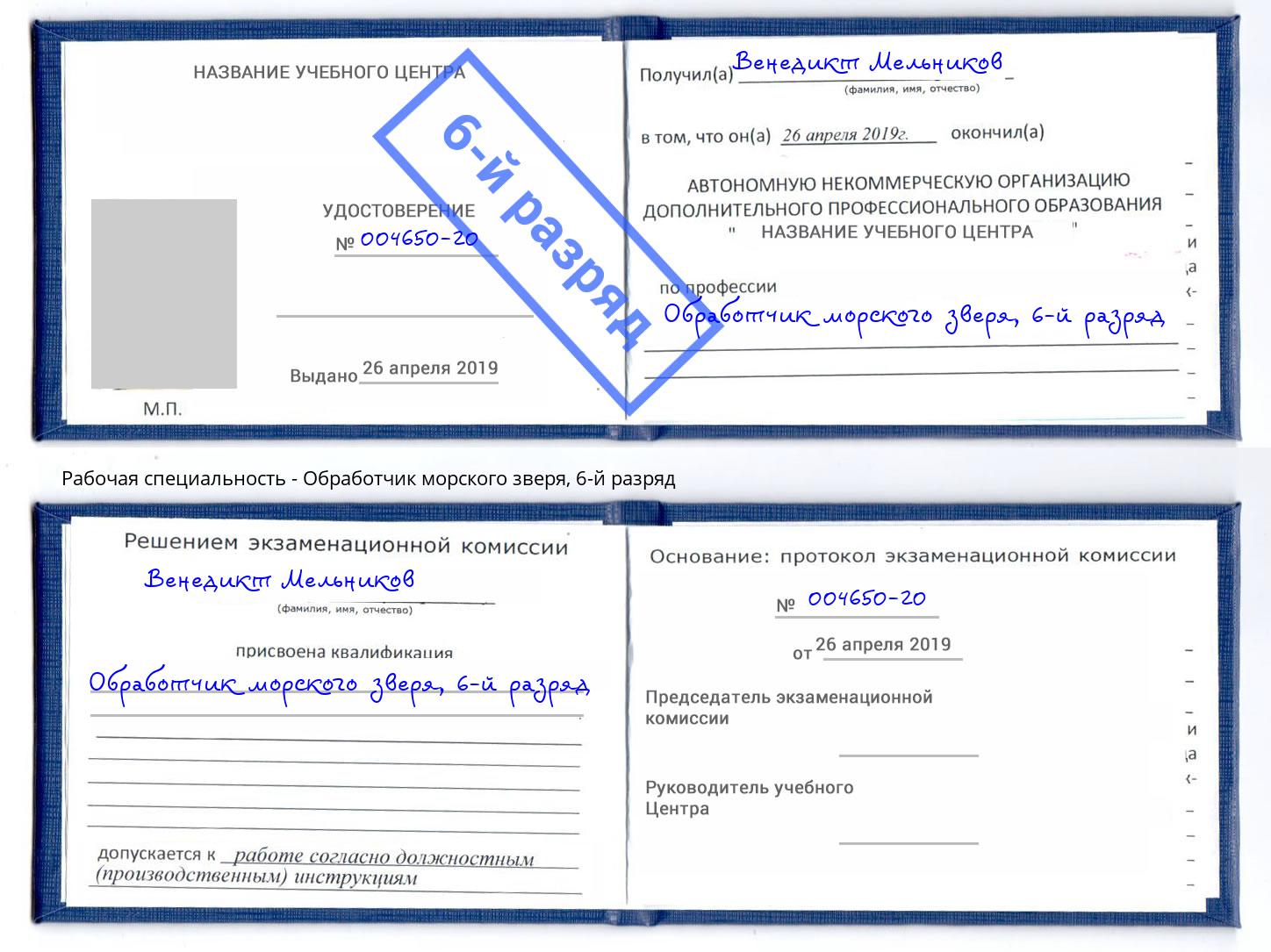 корочка 6-й разряд Обработчик морского зверя Димитровград
