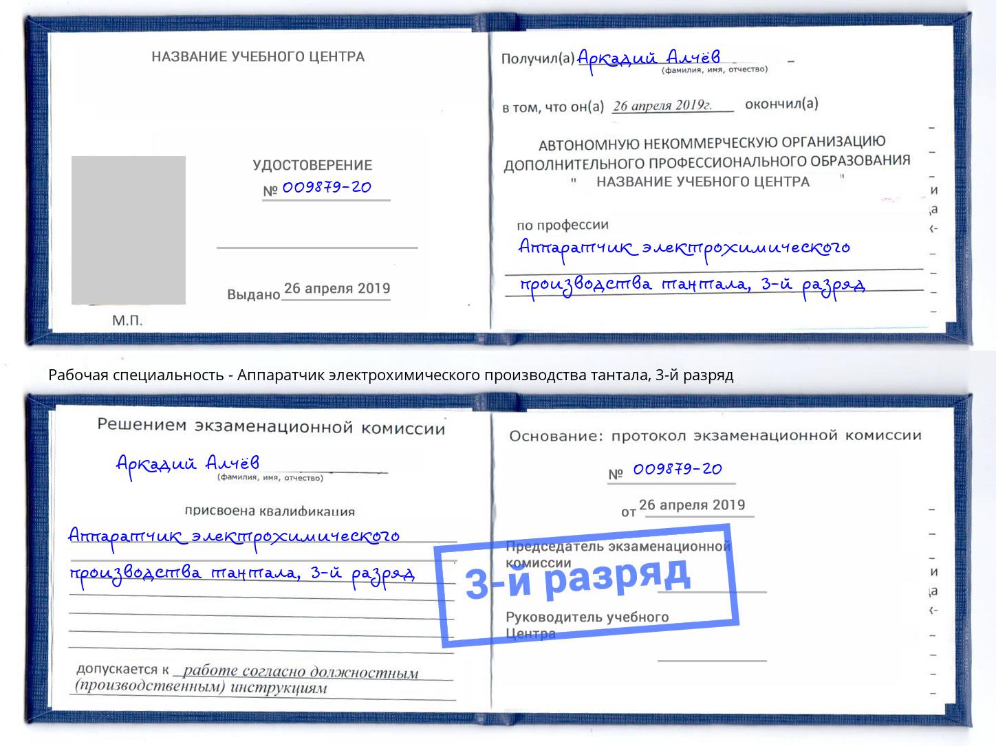 корочка 3-й разряд Аппаратчик электрохимического производства тантала Димитровград