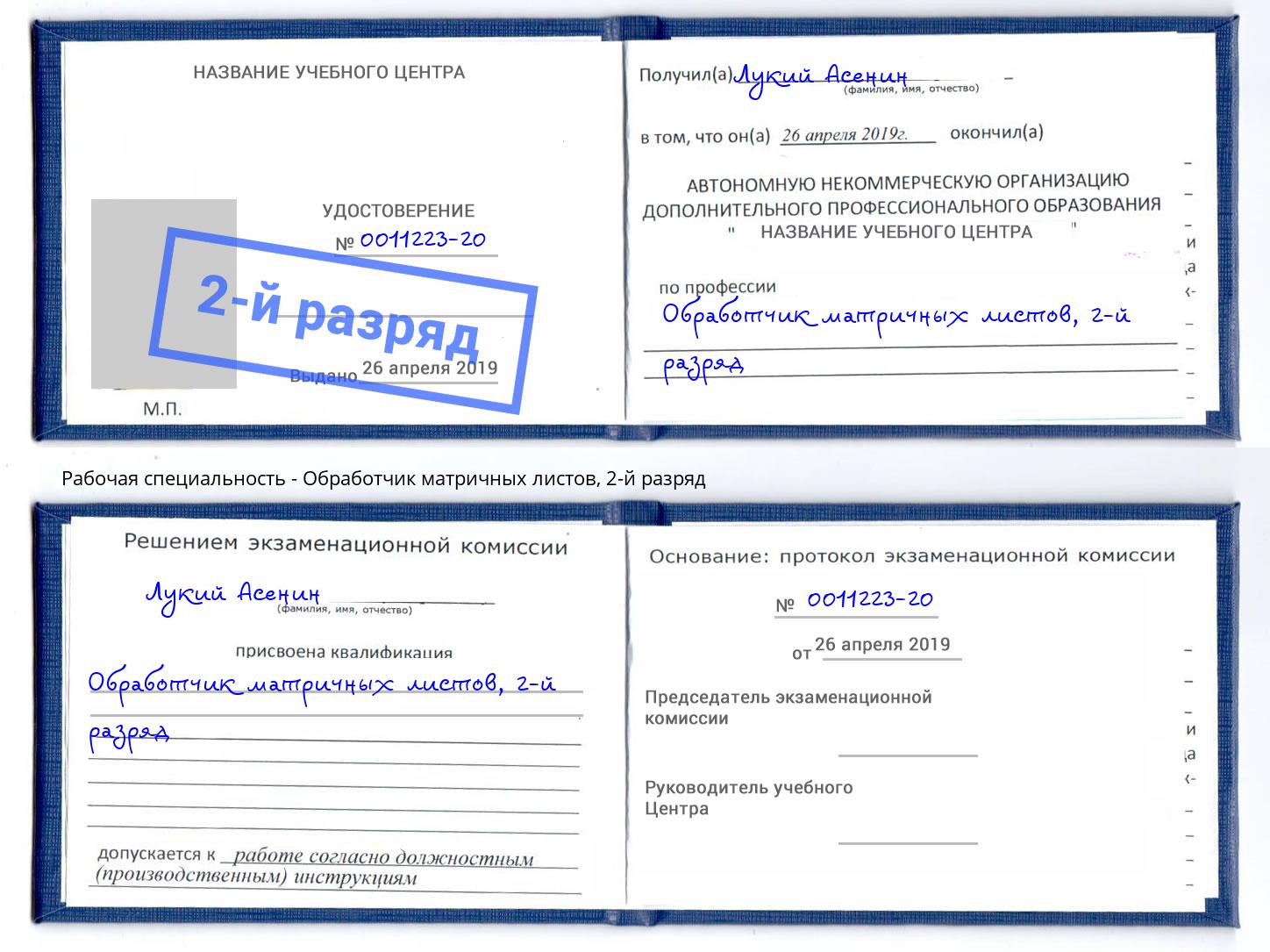 корочка 2-й разряд Обработчик матричных листов Димитровград