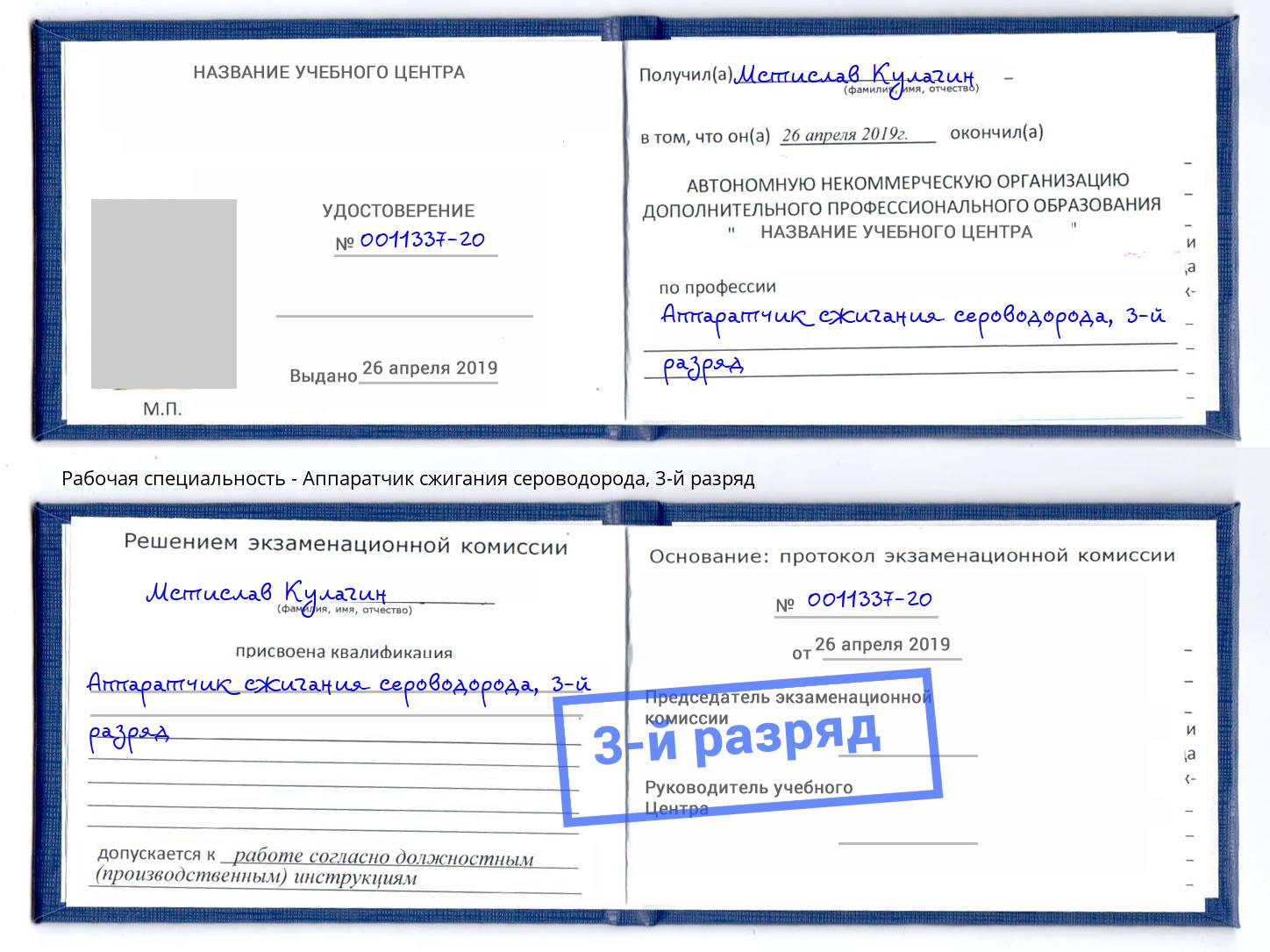корочка 3-й разряд Аппаратчик сжигания сероводорода Димитровград